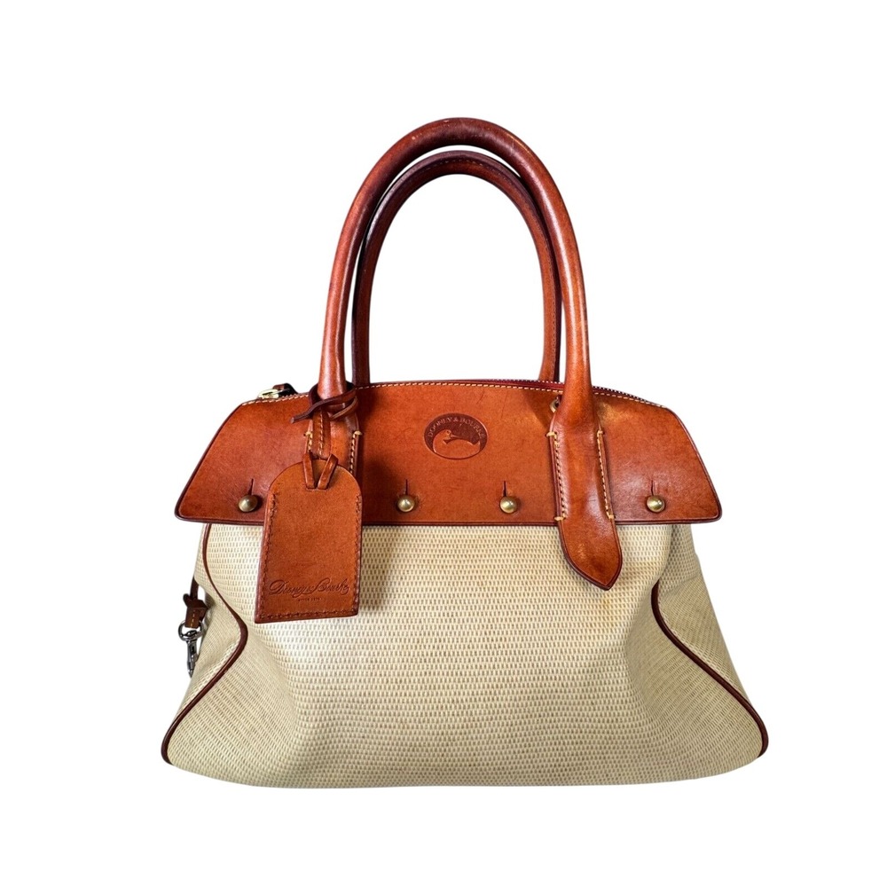 Dooney & Bourke Satchel Purse Tan Woven Dome Leather Trim Handbag Designer
